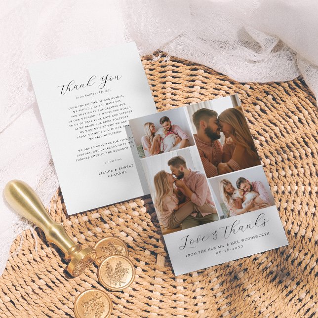 Carte De Remerciements Élégant Script Minimaliste 4 Photo Collage Mariage (Créateur téléchargé)