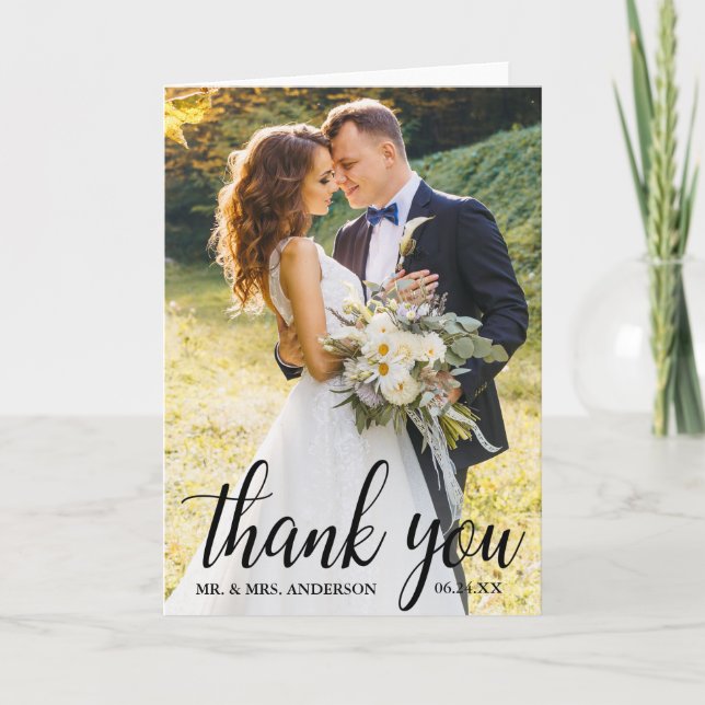 Carte De Remerciements Élégant Script moderne Mariage Couple Photo Plier (Devant)