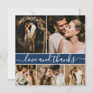 Carte De Remerciements Élégant Script Navy 5 Photo Collage Mariage