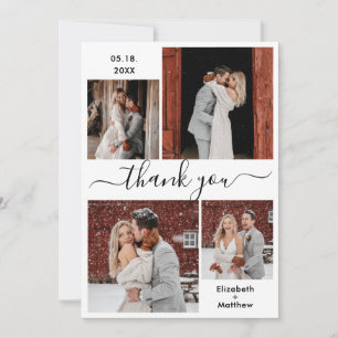 Carte De Remerciements Élégant Script noir blanc 4 Photo Collage Mariage