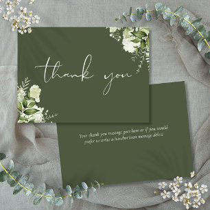 Carte De Remerciements Élégant script personnalisé Olive Green Floral