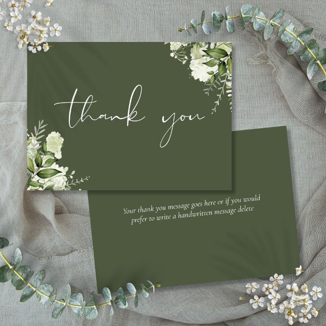 Carte De Remerciements Élégant script personnalisé Olive Green Floral (Personalized Olive Green Floral Elegant Script Thank You Card)