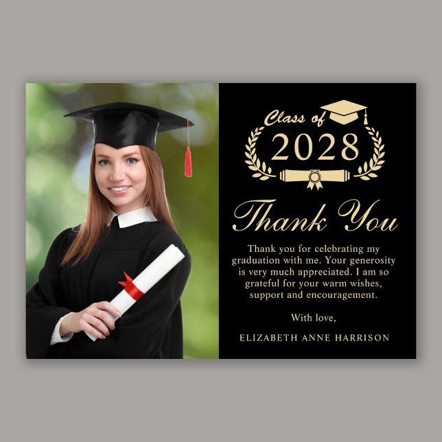 Carte De Remerciements Élégant Script Photo Black Gold Graduation (An elegant photo graduation thank you card to show gratitude to friends and family for their support)