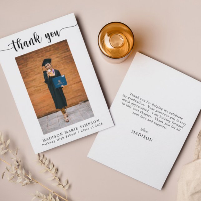Carte De Remerciements Élégant script photo Graduation (Créateur téléchargé)