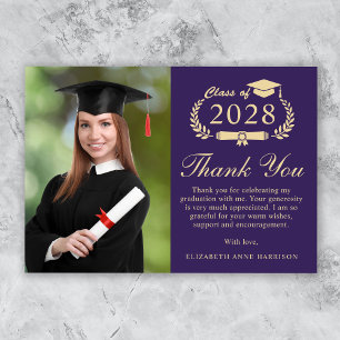 Carte De Remerciements Élégant Script Photo Purple Gold Graduation