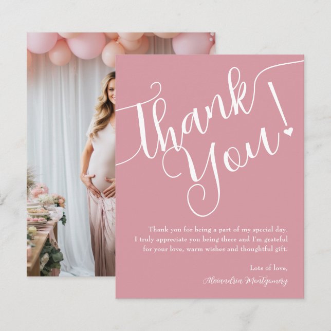 Carte De Remerciements Élégant script rose fille Baby shower photo (Devant / Derrière)