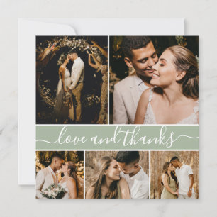 Carte De Remerciements Élégant Script Sage Green 5 Photo Collage Mariage