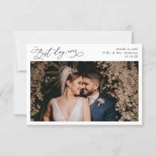 Carte De Remerciements Élégant Script Simple Black & White Mariage Photo