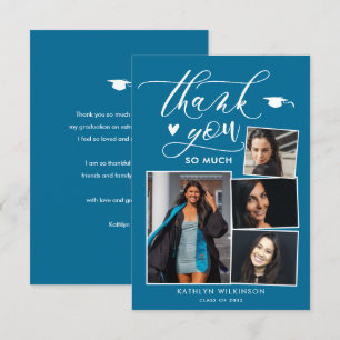 Carte De Remerciements Élégant Script Turquoise Chic 4 Photo Graduation