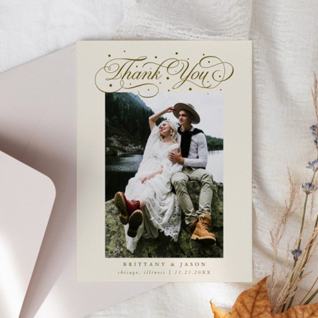 Carte De Remerciements Elegant Script Typography Dots Wedding Photo Beige (Créateur téléchargé)