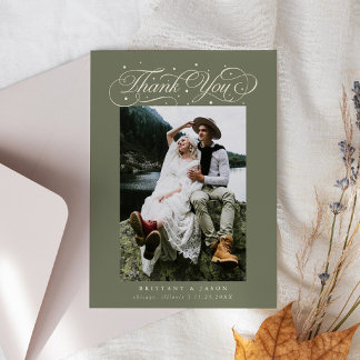 Carte De Remerciements Elegant Script Typography Dots Wedding Sage Green