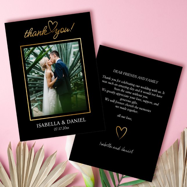 Carte De Remerciements Élégant Simple Chic Script Amour avec Mariage de c (Elegant Simple Chic Script Love with Heart Black Wedding Thank You Card)