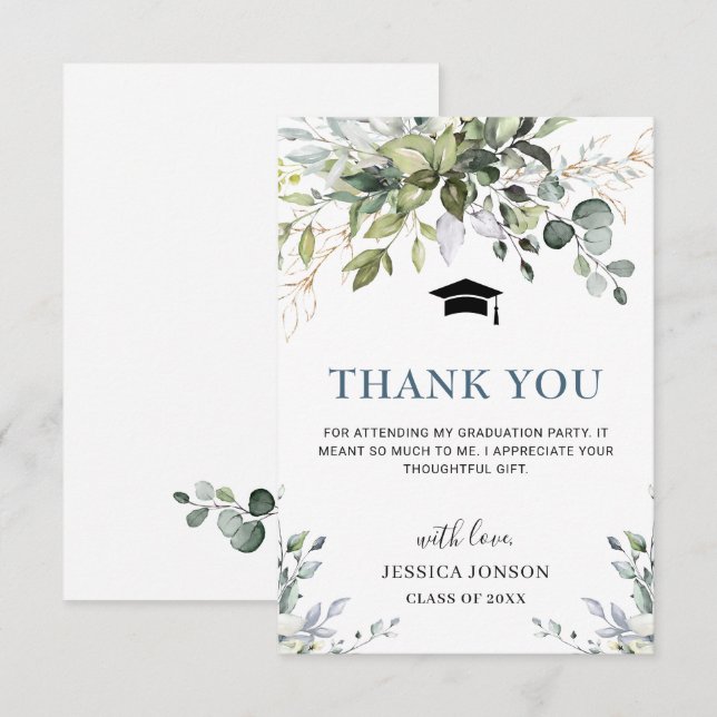 Carte De Remerciements Élégant simple Eucalyptus Vert Graduation  (Devant / Derrière)