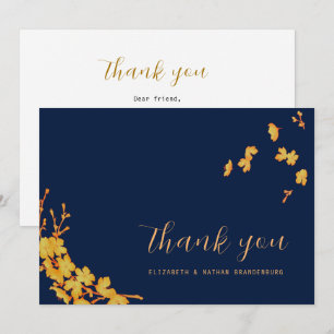 Carte De Remerciements Elégant Simple Gold Flowers Marine Blue