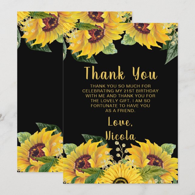 Carte De Remerciements Elegant Sunflowers and Foliage Birthday Party (Devant / Derrière)