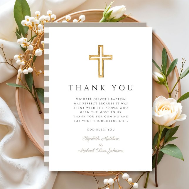 Carte De Remerciements Élégant Taupe Cross Boy Baptism (Elegant Taupe Cross Boy Baptism Thank You Card)