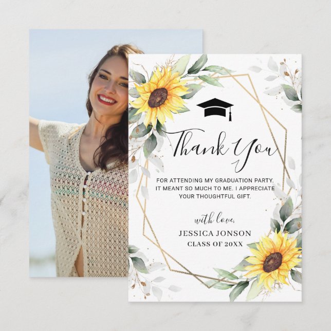 Carte De Remerciements Elégant tournesol Eucalyptus photo Graduation (Devant / Derrière)