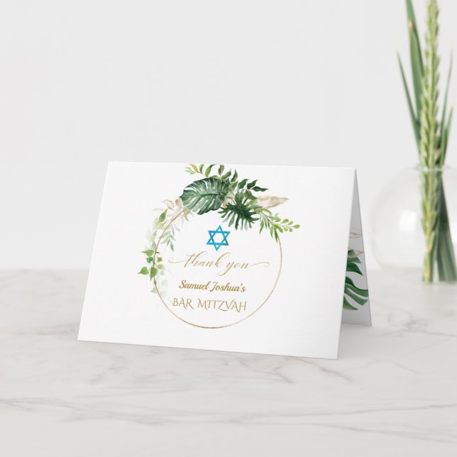 Carte De Remerciements Elégant Tropical Feuilles Gold Photo Bar Mitzvah (Devant)