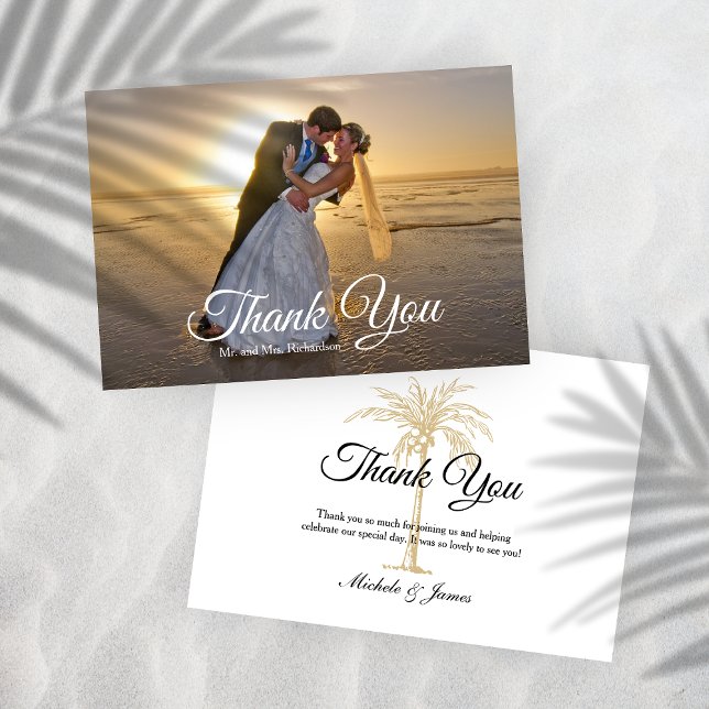Carte De Remerciements Elégant Tropical Gold Palm Tree photo Mariage (Elegant Tropical Gold Palm Tree Wedding Photo Thank You Card)