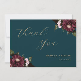 Carte De Remerciements Élégant Turquoise foncé Bourgogne Floral Mariage