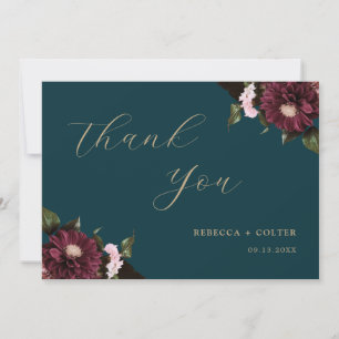 Carte De Remerciements Élégant Turquoise foncé Bourgogne Floral Mariage
