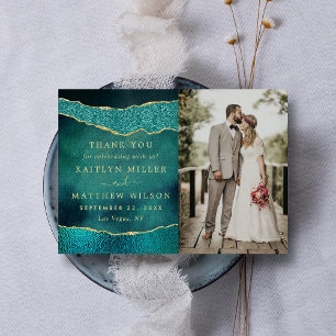 Carte De Remerciements Elégant Turquoise & Or Agate Mariage Photo