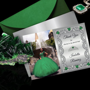 Carte De Remerciements Élégant Vert Émeraude   Couronne de Diamants Quinc