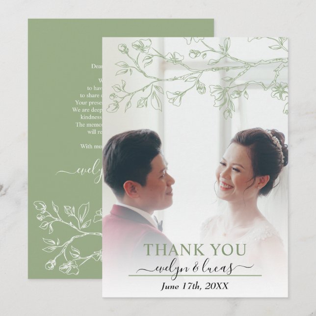 Carte De Remerciements Elégant vert sauge, fleurs blanches photo mariage (Devant / Derrière)