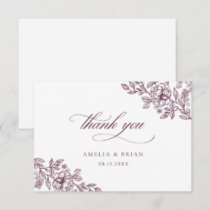 Carte De Remerciements Élégant Vintage Floral Bourgogne Script Mariage