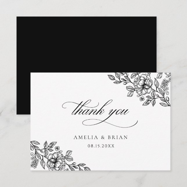 Carte De Remerciements Élégant Vintage Floral noir blanc Script Mariage (Devant / Derrière)