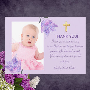 Carte De Remerciements Élégant violet Lilac Gold Cross Girl Baptism