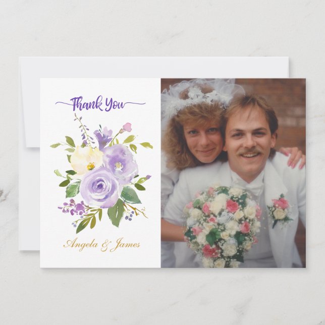 Carte De Remerciements Élégant violet or Mariage Floral Photo (Devant)