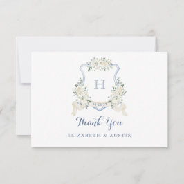 Carte De Remerciements Elegant White Floral Dusty Blue Wedding Crest