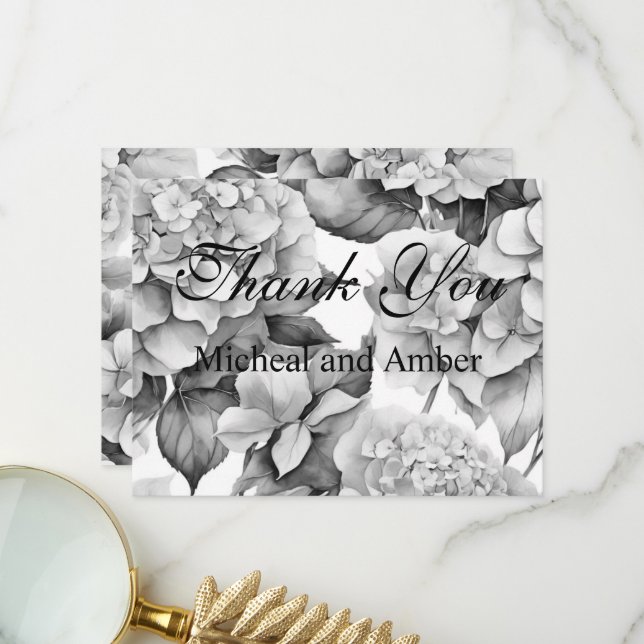 Carte De Remerciements Elégante aquarelle blanche grise noire (Devant/Arrière en situation)