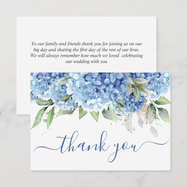 Carte De Remerciements Elégante aquarelle Bleu Hydrangée Fleurs Simple (Devant / Derrière)