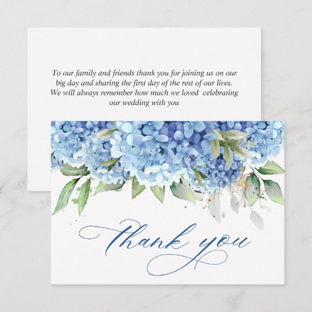 Carte De Remerciements Elégante aquarelle Bleu Hydrangée Fleurs Simple (Devant / Derrière)