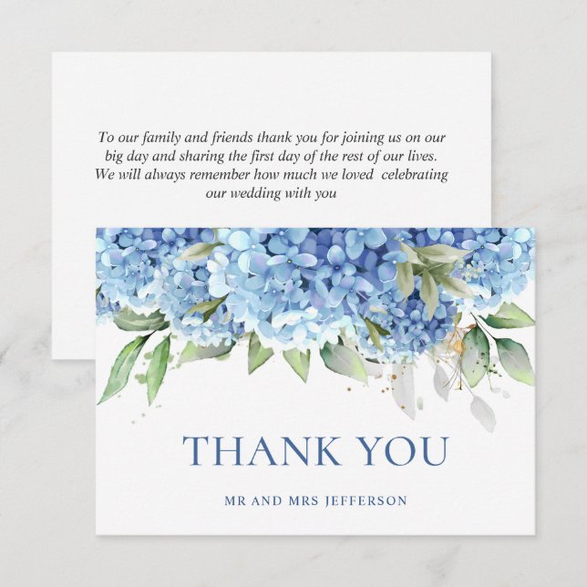 Carte De Remerciements Elégante aquarelle Bleu Hydrangée Fleurs Simple (Devant / Derrière)