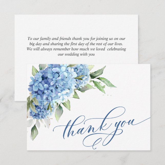 Carte De Remerciements Elégante aquarelle Bleu Hydrangée Fleurs Simple (Devant / Derrière)