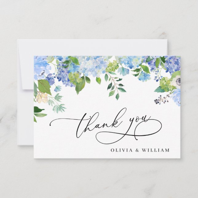 Carte De Remerciements Elégante aquarelle bleu Hydrangée Florale (Devant)