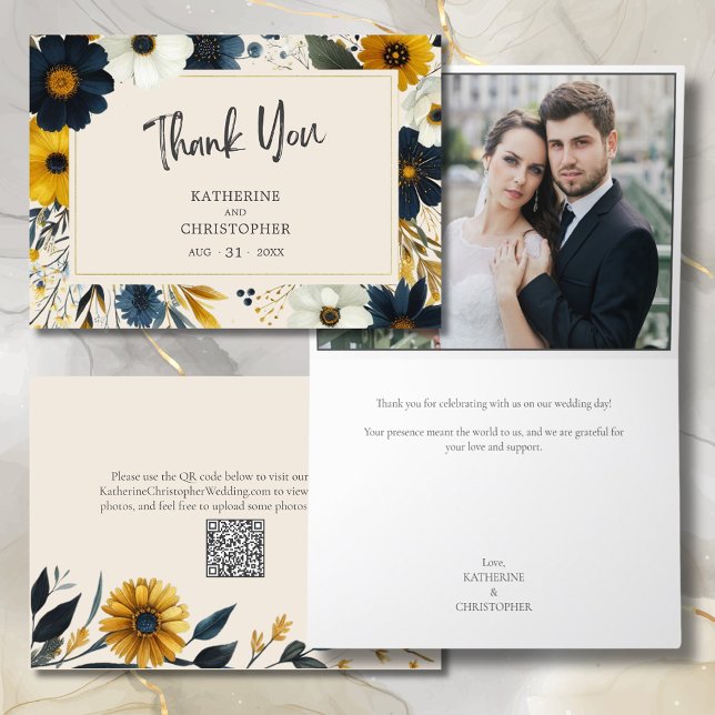 Carte De Remerciements Elégante aquarelle Fleur sauvage Beige Mariage Pho (Wildflowers Wedding Photo Thank You Card with Blue and Yellow Flowers, QR Code for website.)