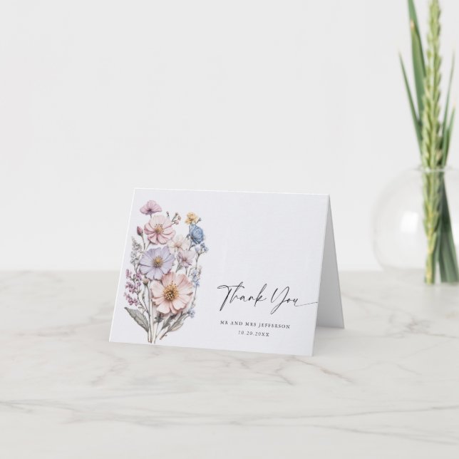Carte De Remerciements Elégante aquarelle Fleurs sauvages Mariage botaniq (Devant)
