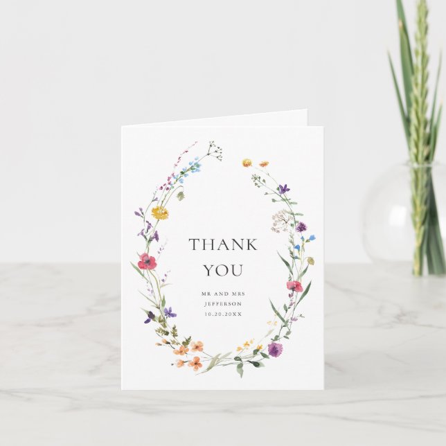 Carte De Remerciements Elégante aquarelle Fleurs sauvages Mariage Botaniq (Devant)