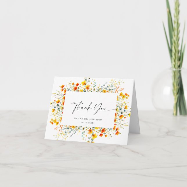 Carte De Remerciements Elégante aquarelle Fleurs sauvages Mariage botaniq (Devant)
