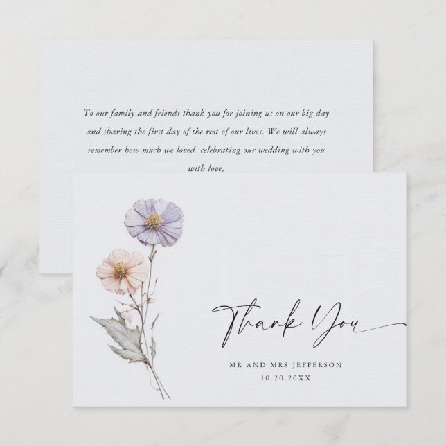 Carte De Remerciements Elégante aquarelle Fleurs sauvages Mariage floral (Devant / Derrière)