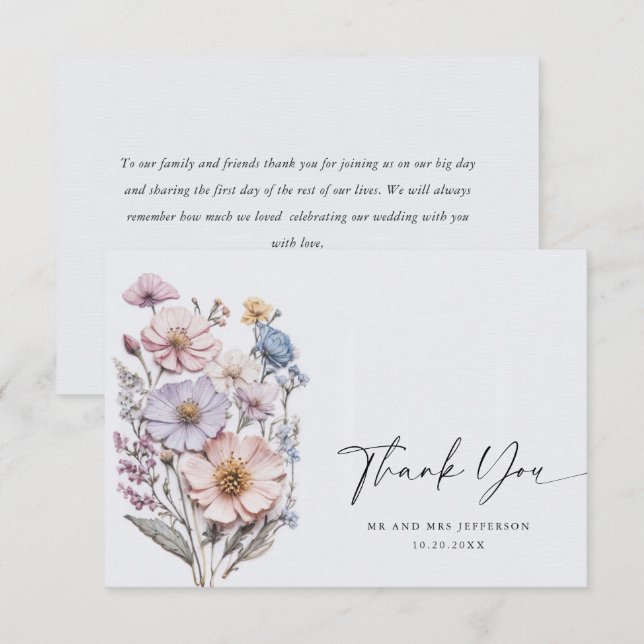 Carte De Remerciements Elégante aquarelle Fleurs sauvages Mariage floral (Devant / Derrière)
