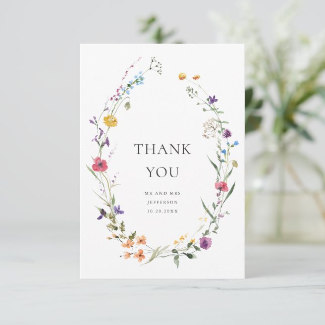 Carte De Remerciements Elégante aquarelle Fleurs sauvages Mariage floral (Debout devant)