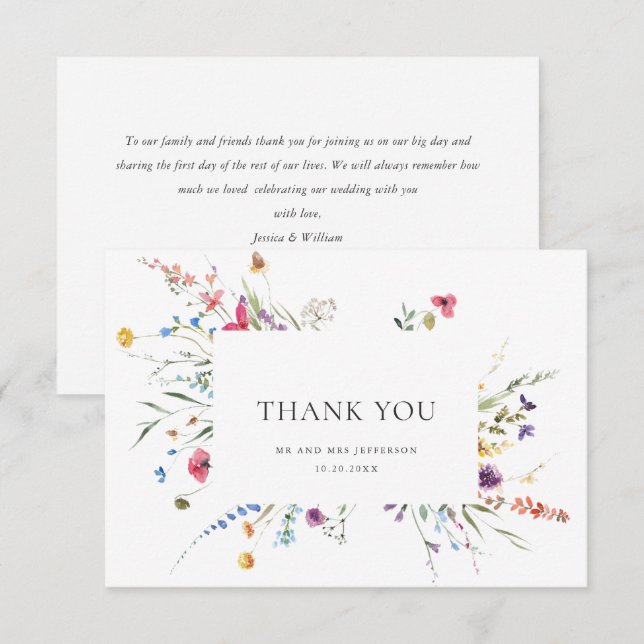 Carte De Remerciements Elégante aquarelle Fleurs sauvages Mariage floral (Devant / Derrière)