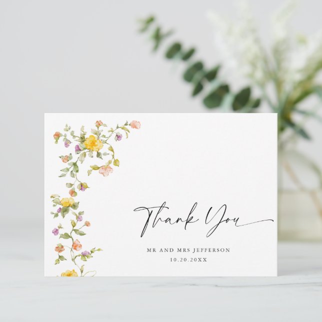Carte De Remerciements Elégante aquarelle Fleurs sauvages Mariage floral (Debout devant)