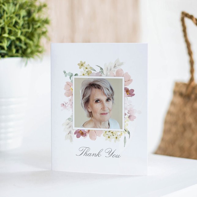 Carte De Remerciements Elégante aquarelle Floral Memorial photo pliée (Créateur téléchargé)