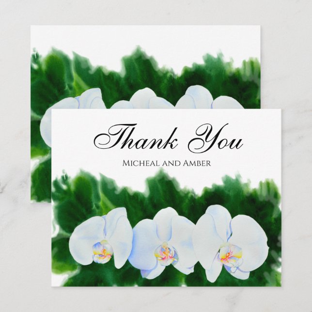 Carte De Remerciements Elégante aquarelle orchidée blanche (Devant / Derrière)